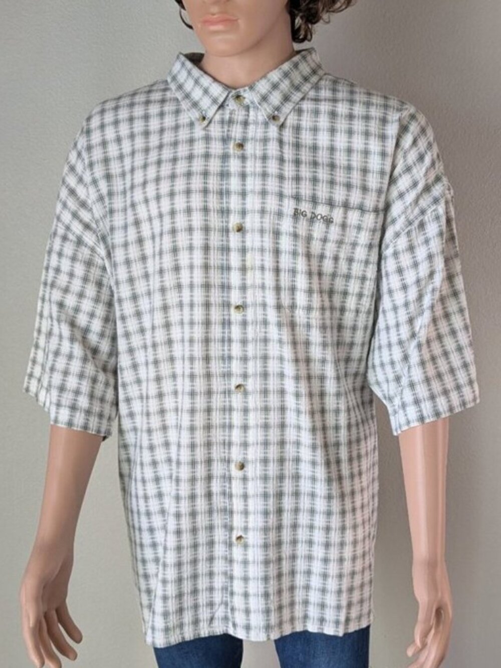 Big Dogs Button-Down Short Sleeve Mens 4x Cotton Plaid White/Green Pocket Shirt